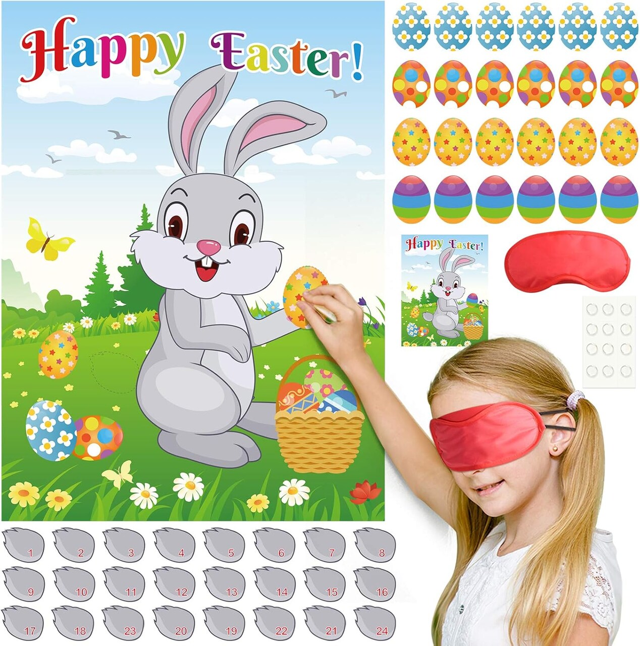 Easter Game for Kids, Pin The Tail on The Bunny, Pin The Egg on The Bunny with 24 Tails